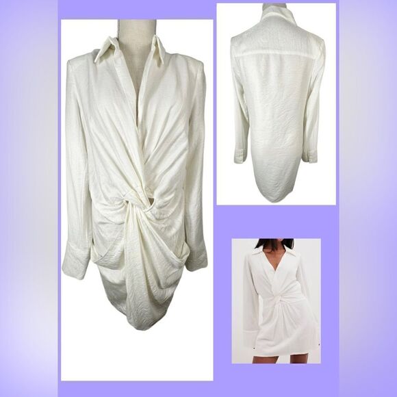 Endless Rose Structured White Shimmer Plunge Neck Knotted Detail Shirt Dress - Picture 4 of 9